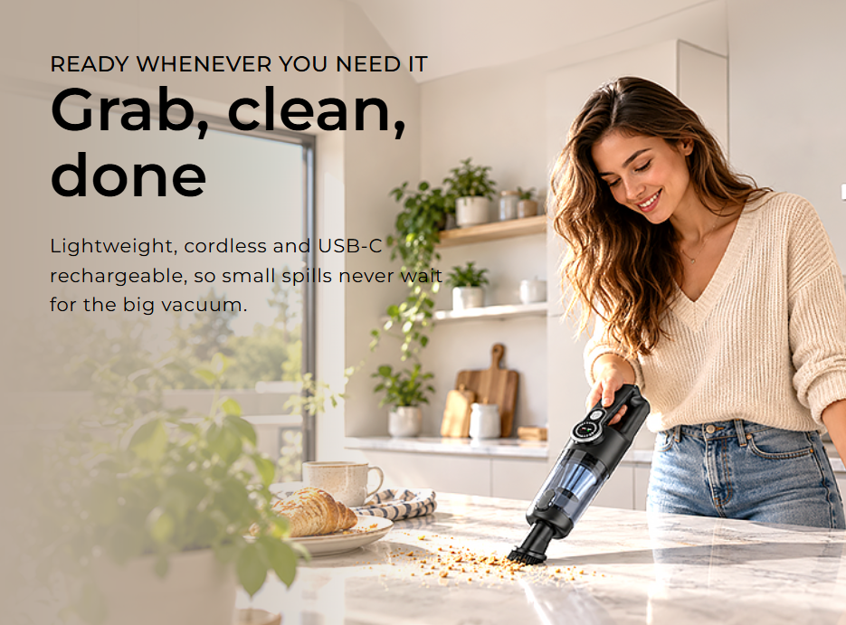 Woman cleaning kitchen counter with Vacklo